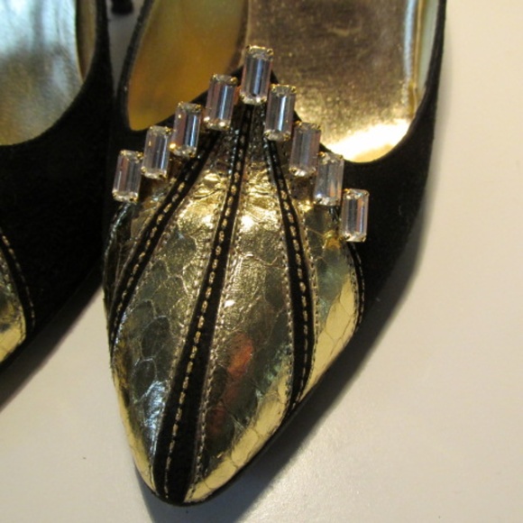 Vintage Black Leather Suede Pumps with Rhinestone Application, Size 36.5 - Picture 1 of 10